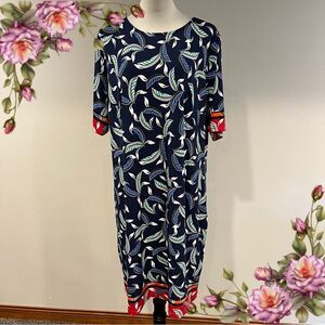 Navy Leaf Print Long sleeve plus size stretchy dress size 1XL